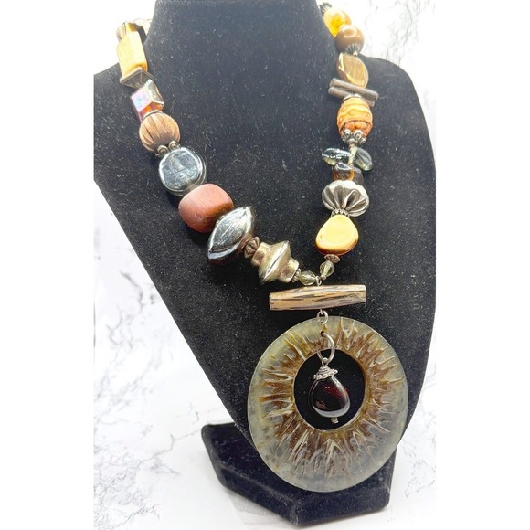Treska Jewelry - Treska Statement Necklace Large Pendant Mixed Media Beaded Boho Natural Stones